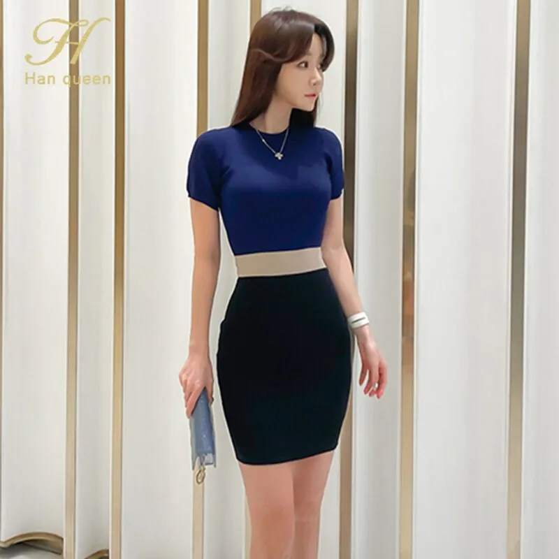 Han Queen O-neck Colorblock Elegant Pencil Dress
