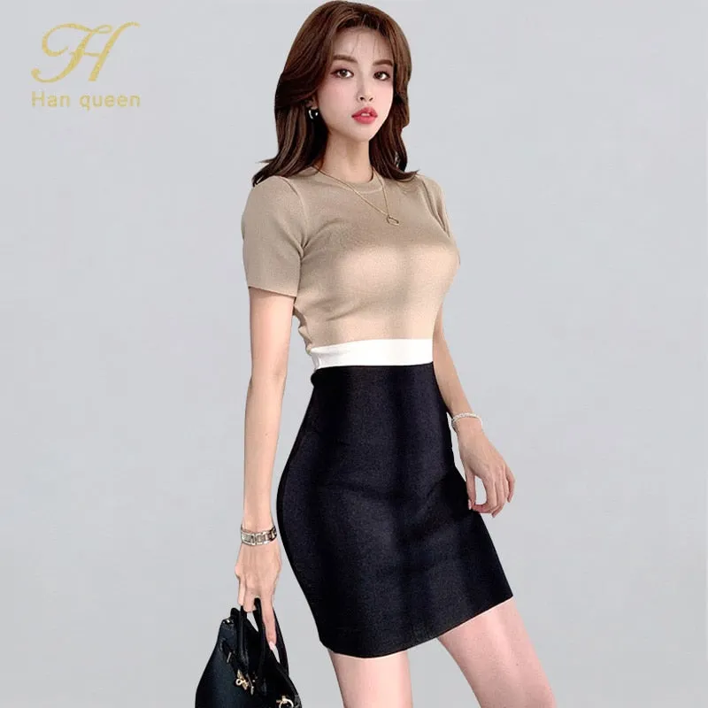 Han Queen O-neck Colorblock Elegant Pencil Dress