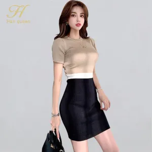 Han Queen O-neck Colorblock Elegant Pencil Dress