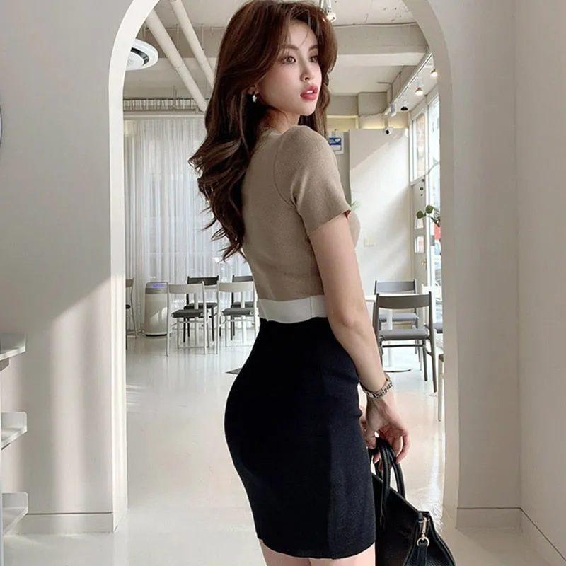 Han Queen O-neck Colorblock Elegant Pencil Dress