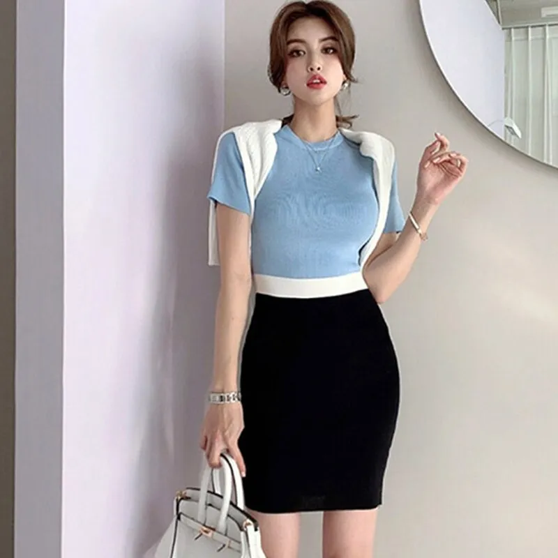 Han Queen O-neck Colorblock Elegant Pencil Dress