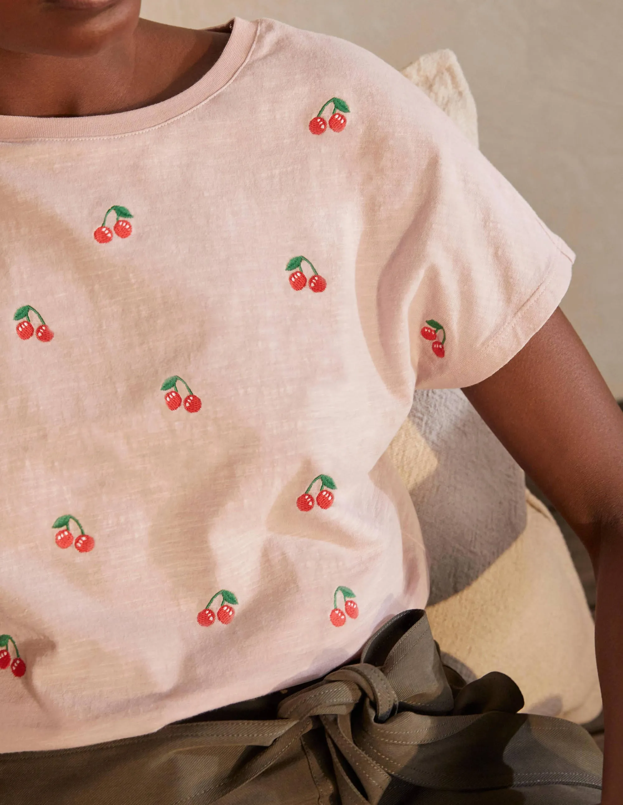 Lena Embroidered Jersey Tee-Milkshake, Cherries