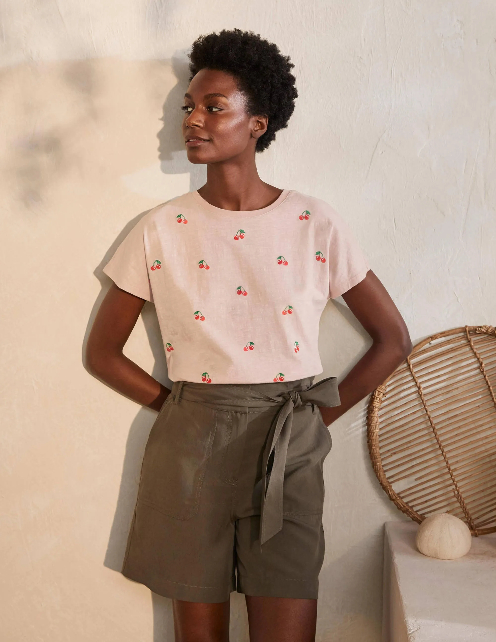 Lena Embroidered Jersey Tee-Milkshake, Cherries