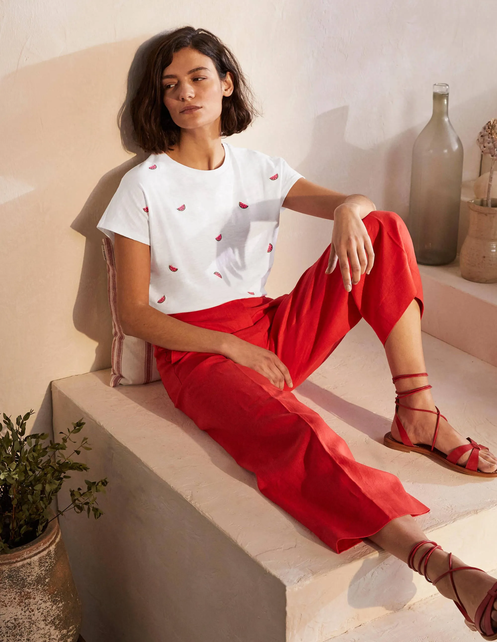 Lena Embroidered Jersey Tee-White, Embroidered Watermelons