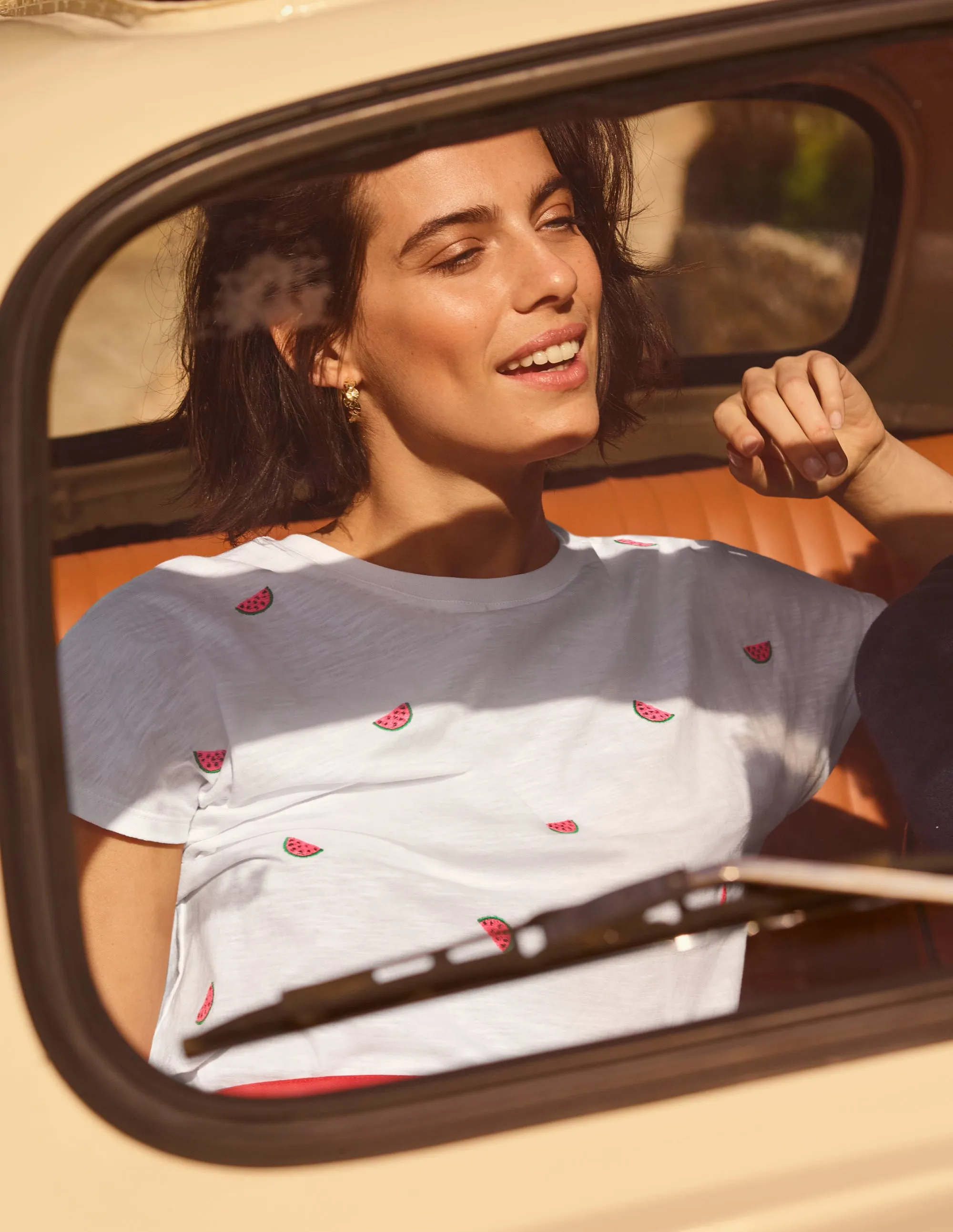 Lena Embroidered Jersey Tee-White, Embroidered Watermelons