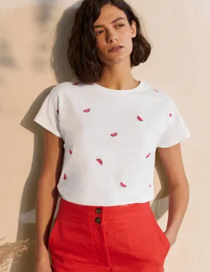 Lena Embroidered Jersey Tee-White, Embroidered Watermelons