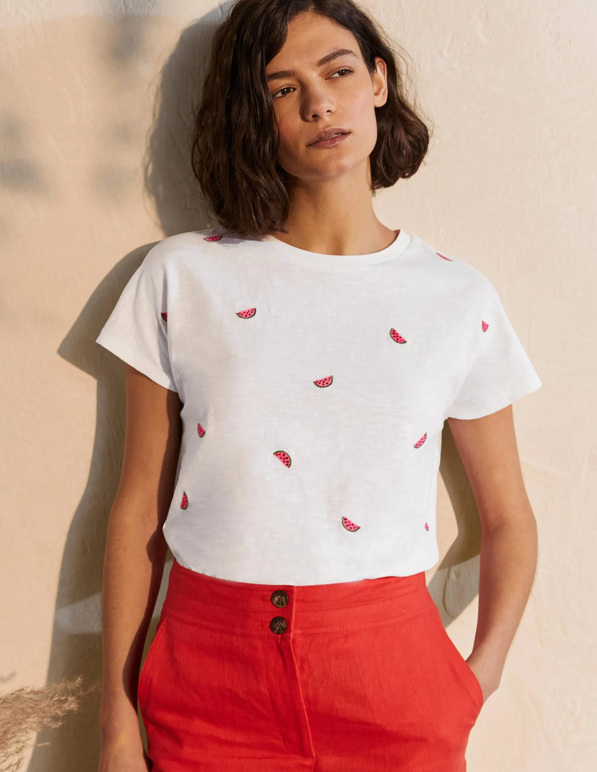 Lena Embroidered Jersey Tee-White, Embroidered Watermelons