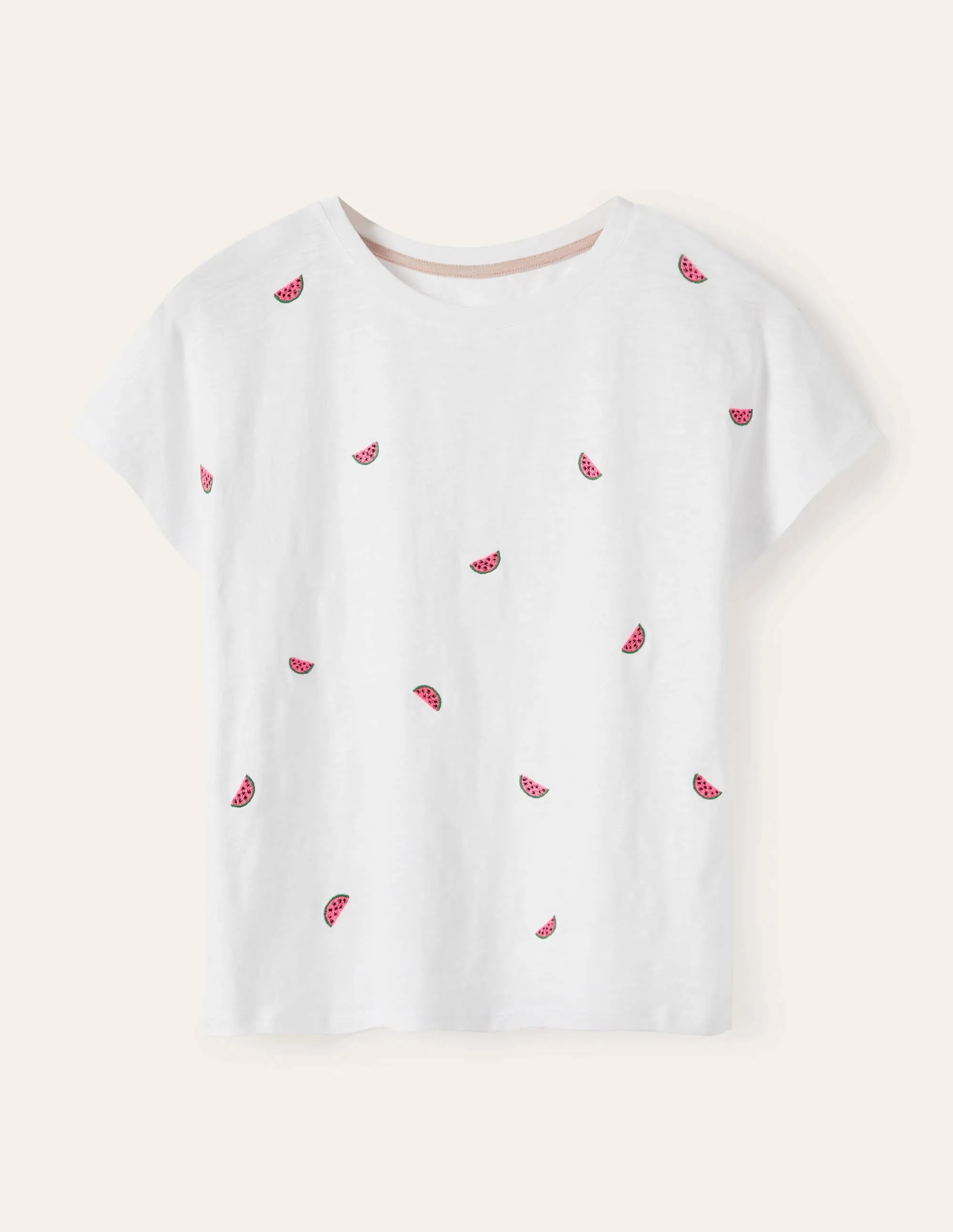 Lena Embroidered Jersey Tee-White, Embroidered Watermelons