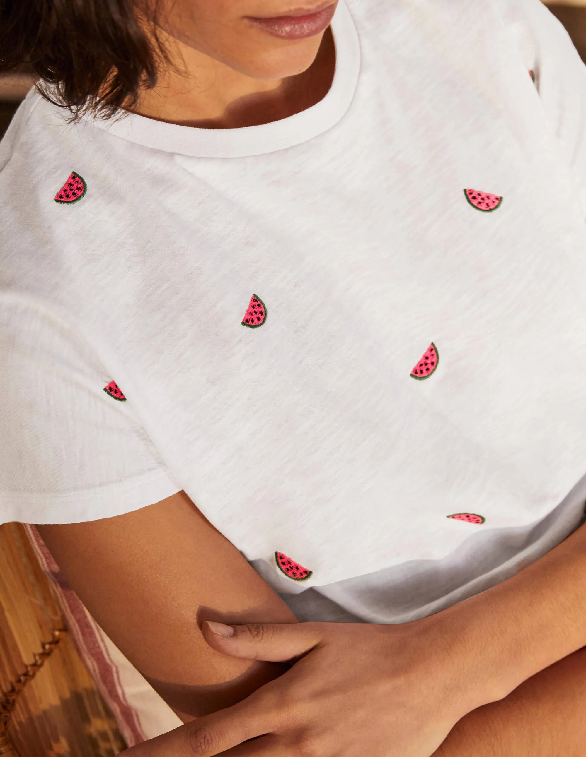 Lena Embroidered Jersey Tee-White, Embroidered Watermelons