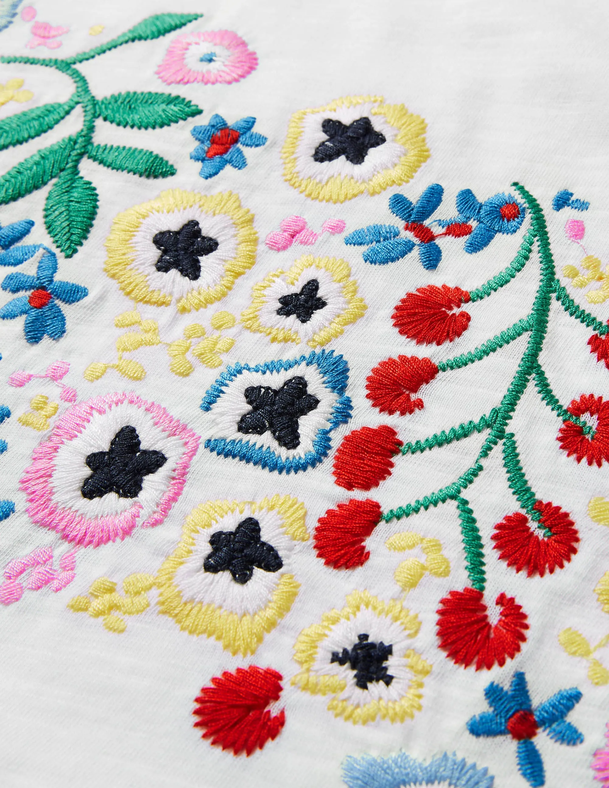 Lena Embroidered Jersey Tee-White, Multi Floral Embroidery
