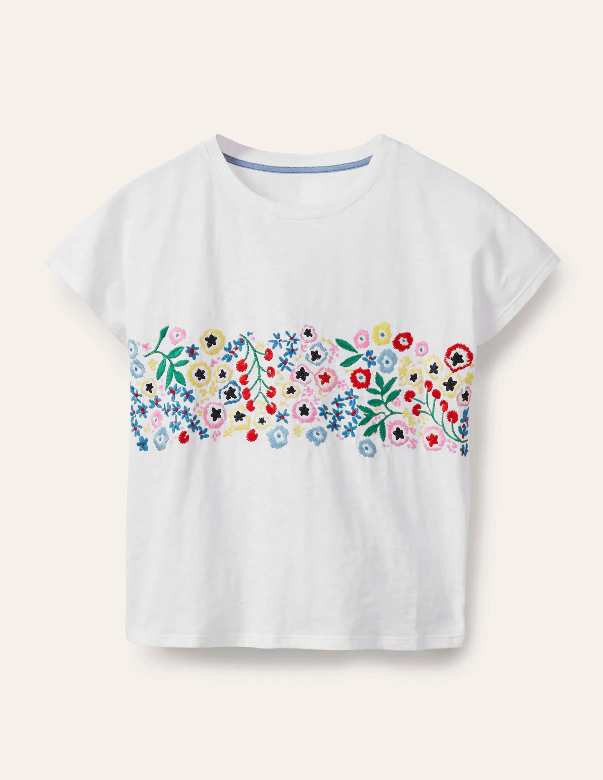 Lena Embroidered Jersey Tee-White, Multi Floral Embroidery