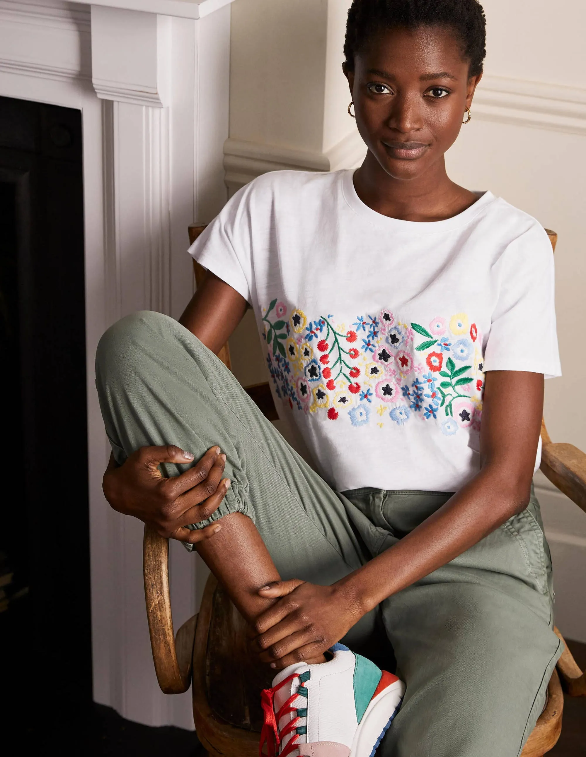 Lena Embroidered Jersey Tee-White, Multi Floral Embroidery