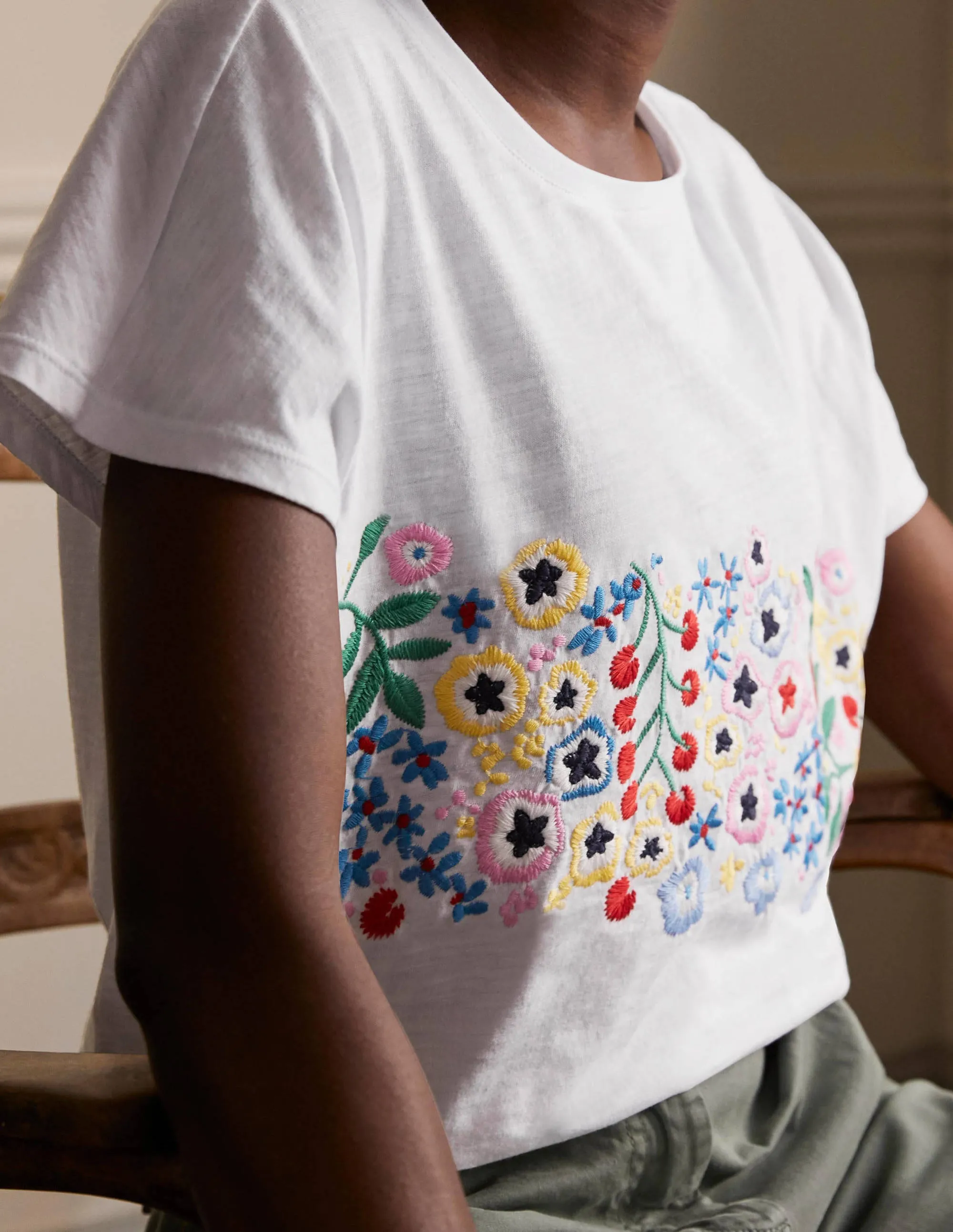 Lena Embroidered Jersey Tee-White, Multi Floral Embroidery
