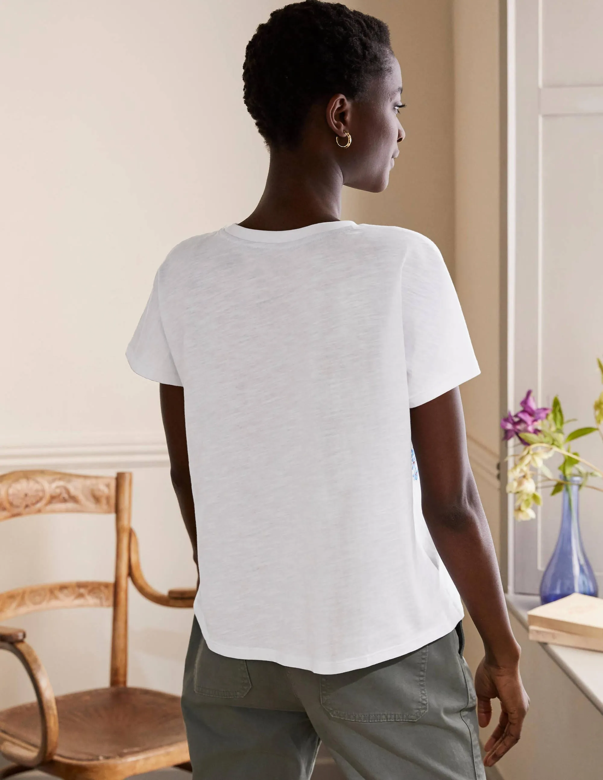 Lena Embroidered Jersey Tee-White, Multi Floral Embroidery
