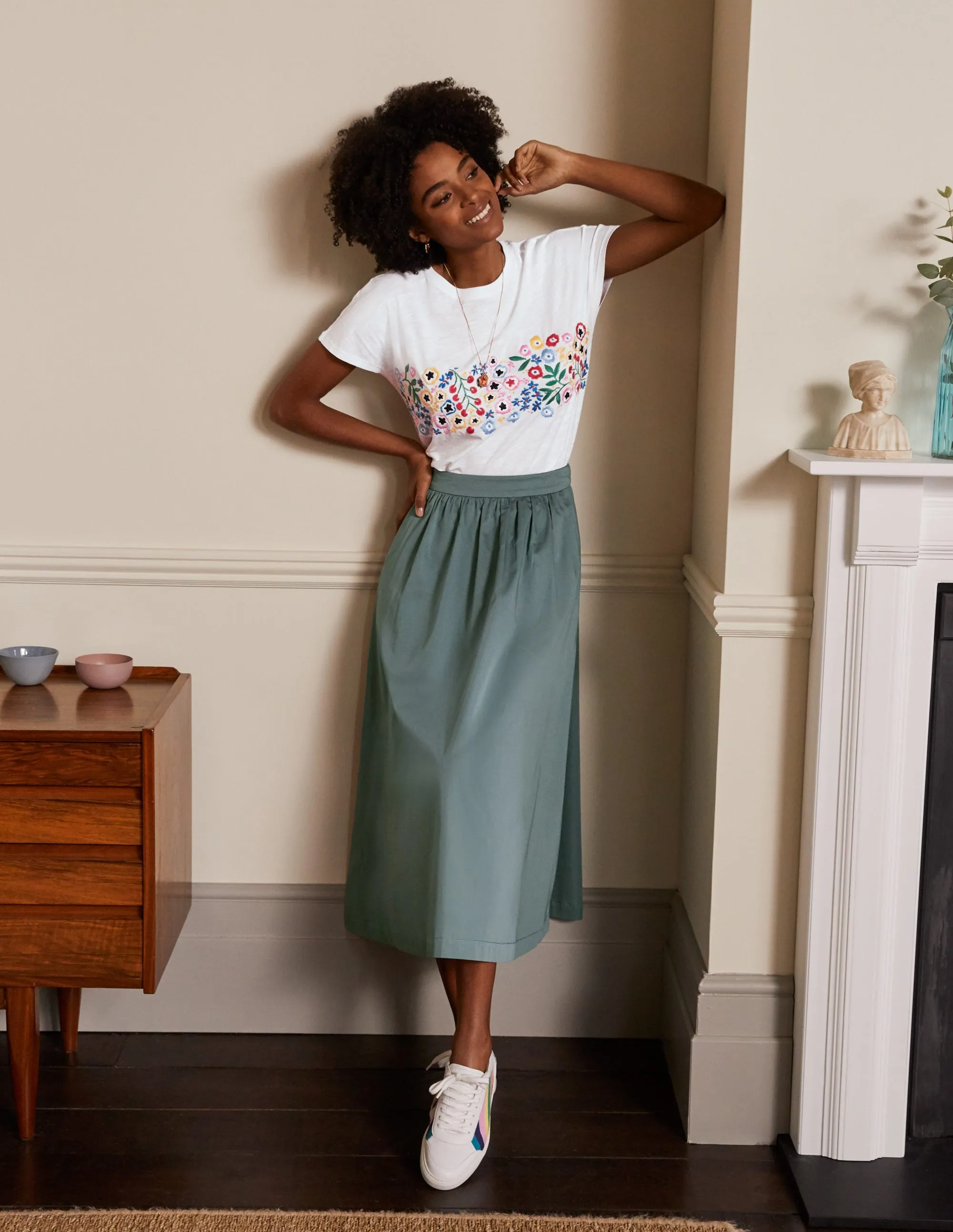 Lena Embroidered Jersey Tee-White, Multi Floral Embroidery