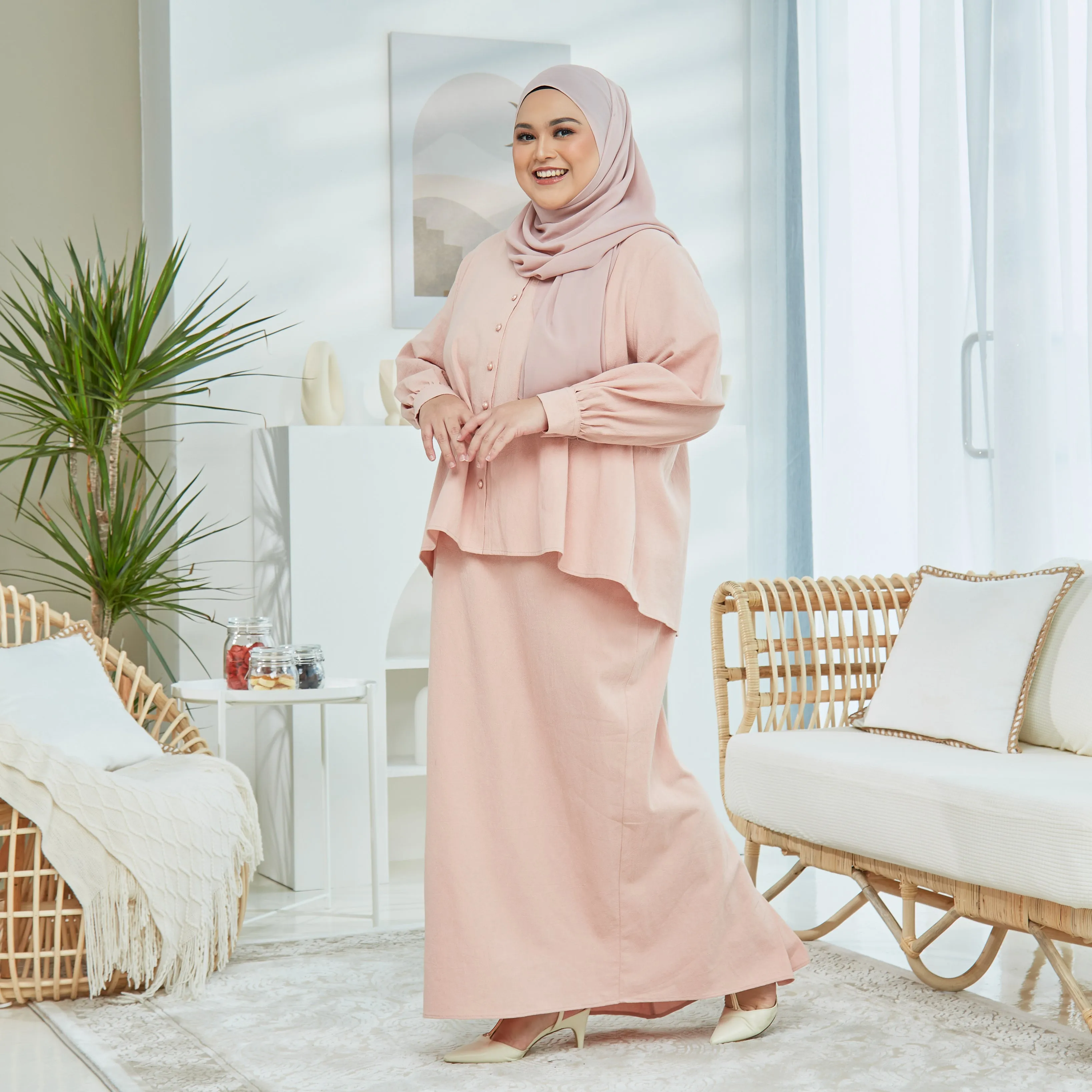 Nikayla Linen Kurung Set - Pink Peach