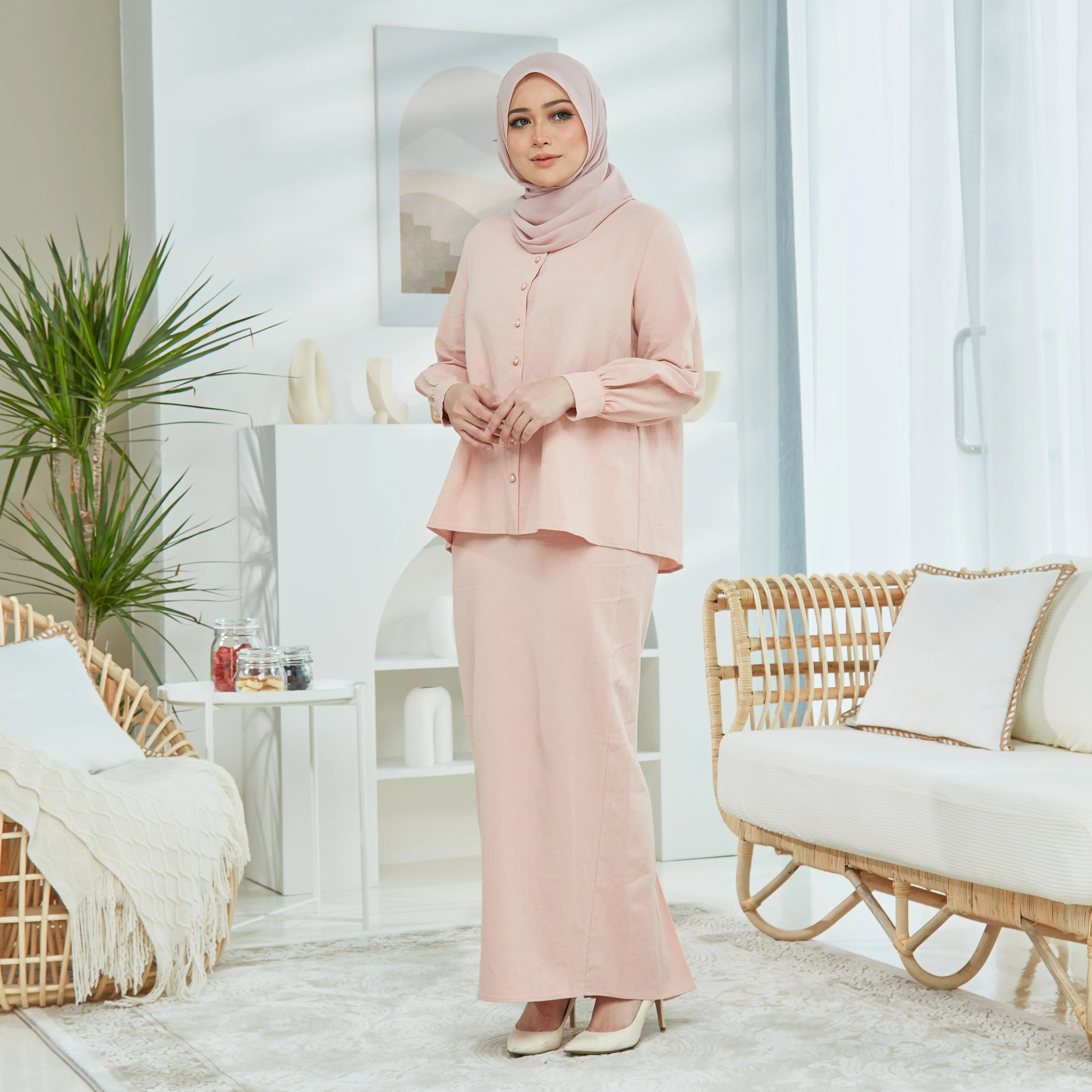 Nikayla Linen Kurung Set - Pink Peach