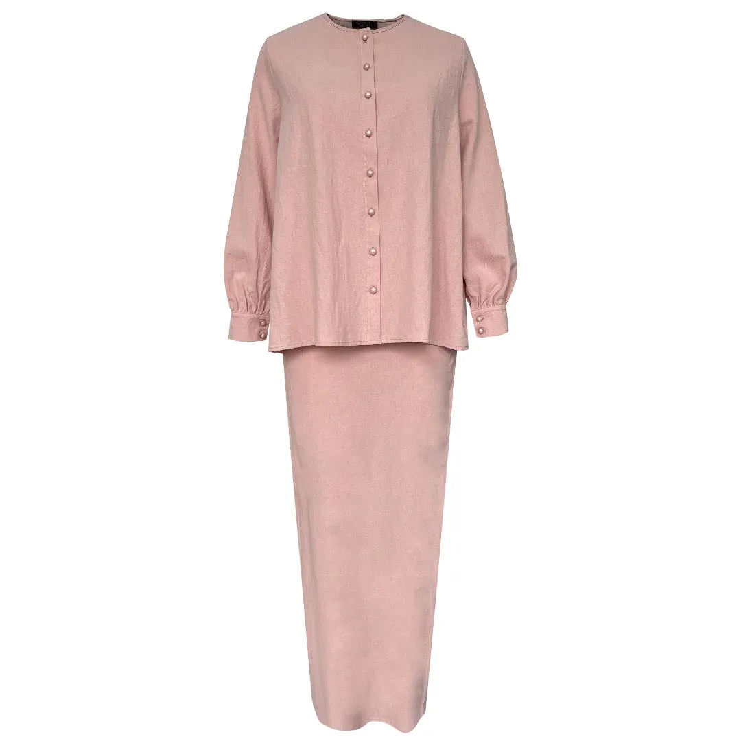 Nikayla Linen Kurung Set - Pink Peach