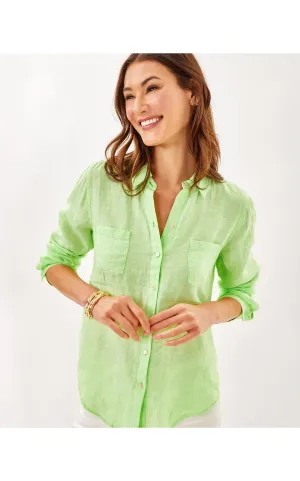 Sea View Linen Button Down Top Jade Lime