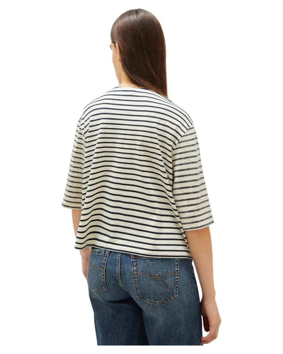 T-shirt Boxy in Cotone con Paillettes e Maniche a Tre Quarti