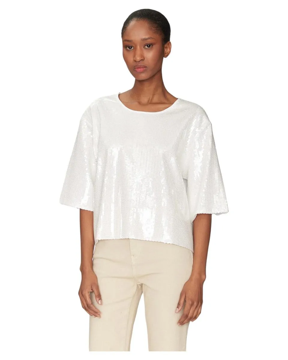 T-shirt Boxy in Cotone con Paillettes e Maniche a Tre Quarti