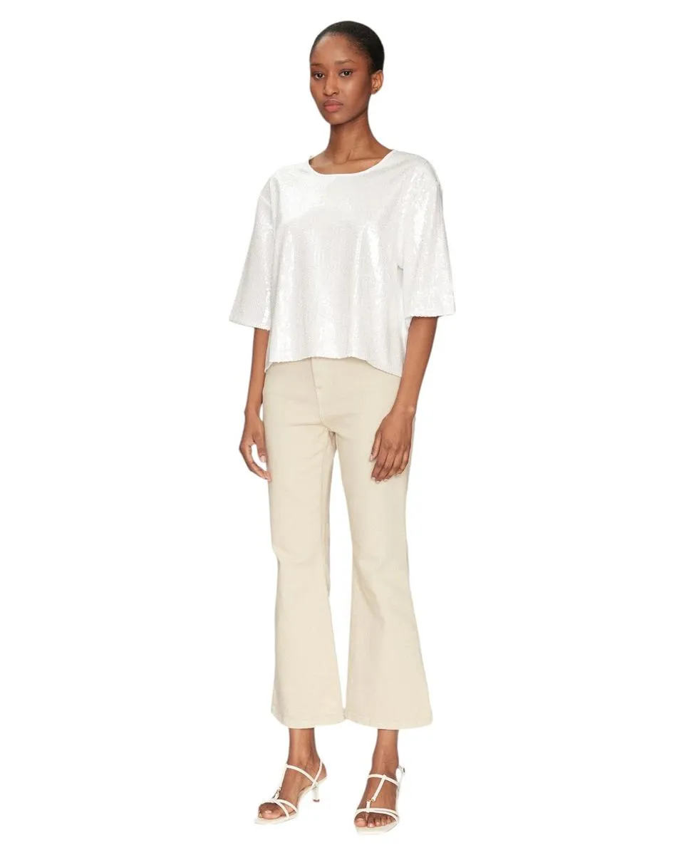 T-shirt Boxy in Cotone con Paillettes e Maniche a Tre Quarti