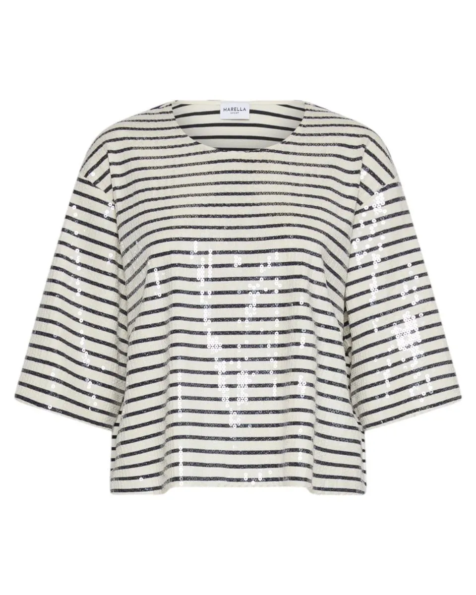 T-shirt Boxy in Cotone con Paillettes e Maniche a Tre Quarti