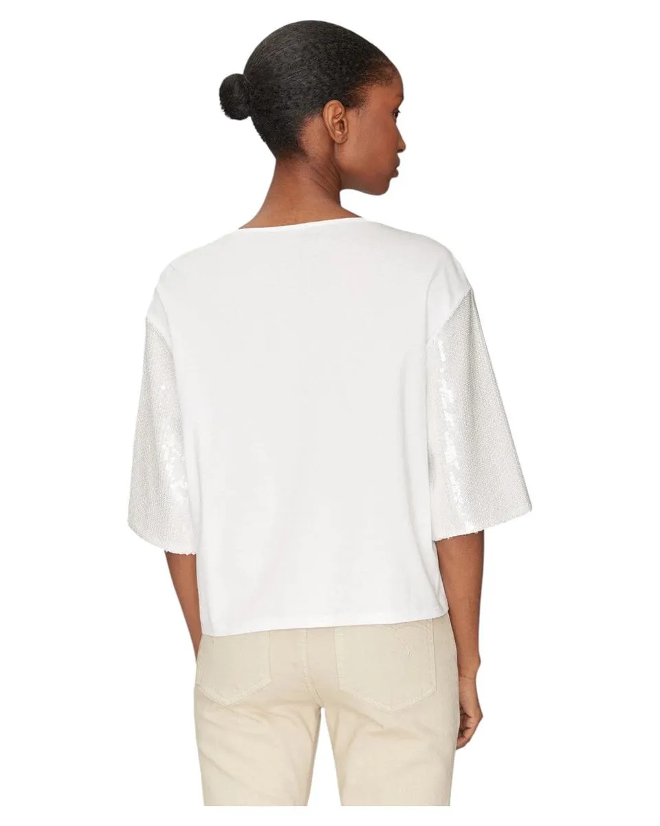 T-shirt Boxy in Cotone con Paillettes e Maniche a Tre Quarti