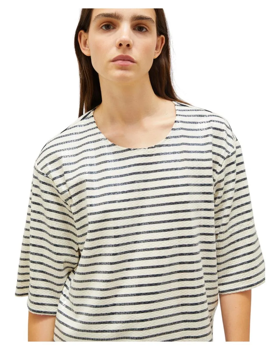 T-shirt Boxy in Cotone con Paillettes e Maniche a Tre Quarti
