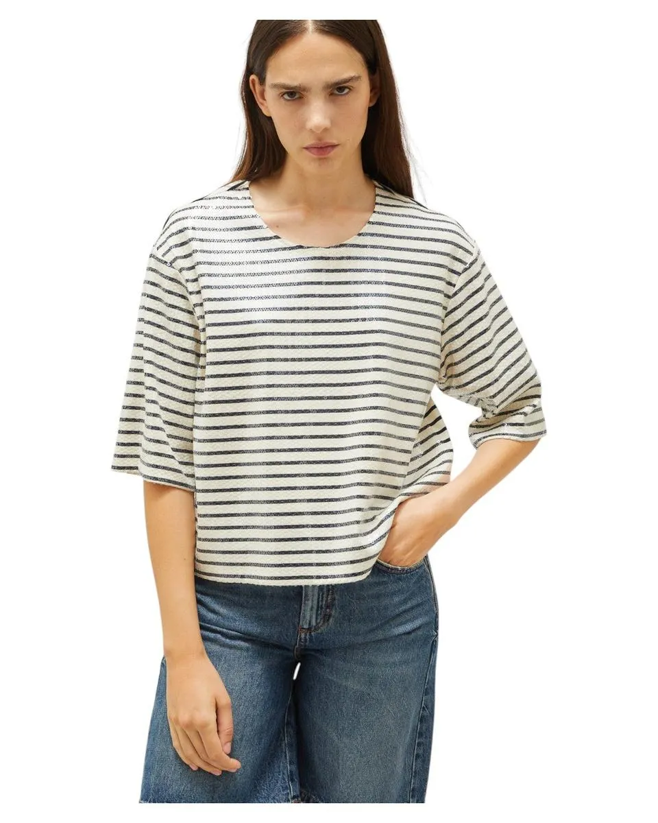 T-shirt Boxy in Cotone con Paillettes e Maniche a Tre Quarti
