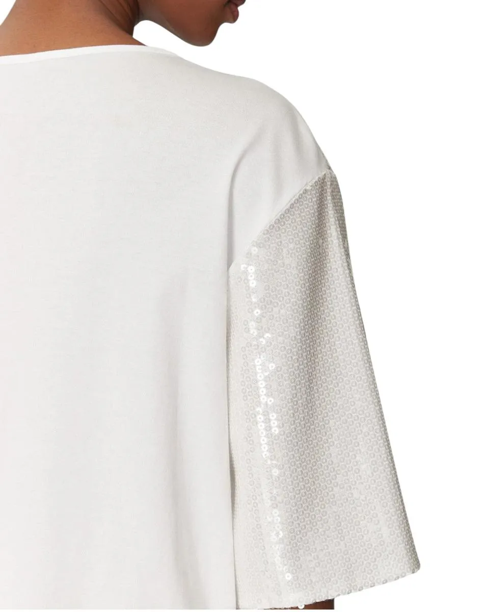 T-shirt Boxy in Cotone con Paillettes e Maniche a Tre Quarti