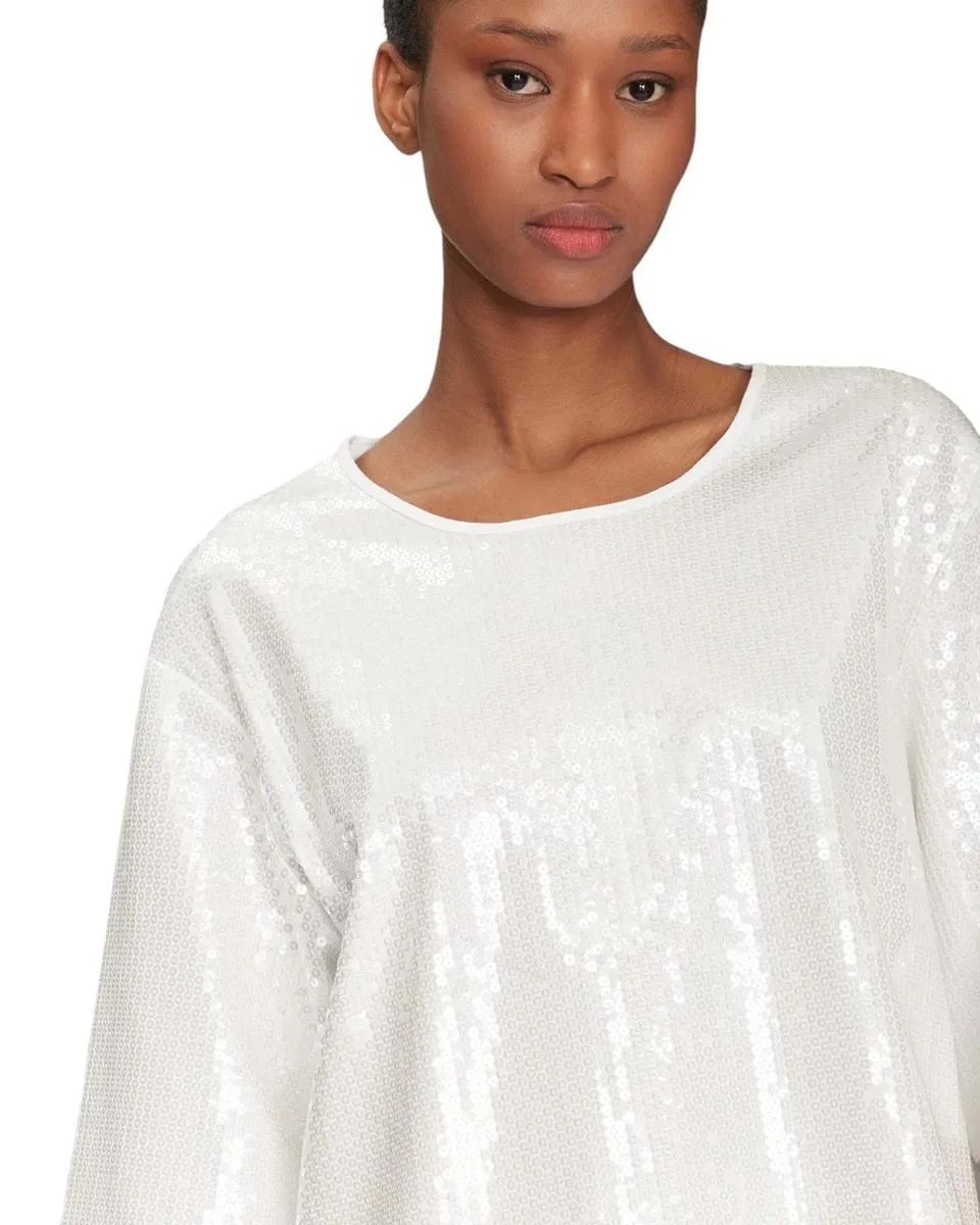 T-shirt Boxy in Cotone con Paillettes e Maniche a Tre Quarti