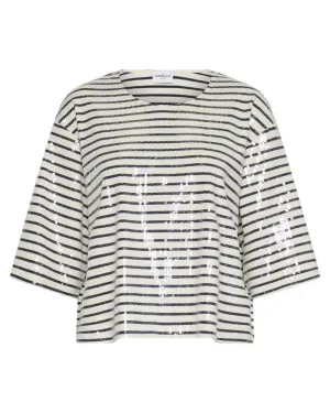 T-shirt Boxy in Cotone con Paillettes e Maniche a Tre Quarti