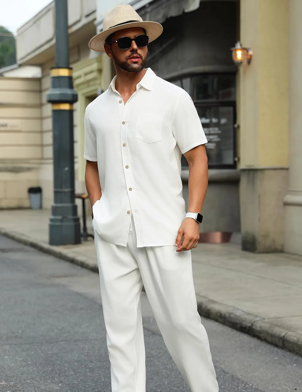 URRU Men’s 2 Piece Linen Outfit Summer Beach Short Sleeve Button Down Shirt and Pants Set